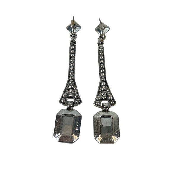 Vintage Style Emerald Green Rhinestone Drop Earrings Pierced Silver Tone Metal 3 - Picture 5 of 6